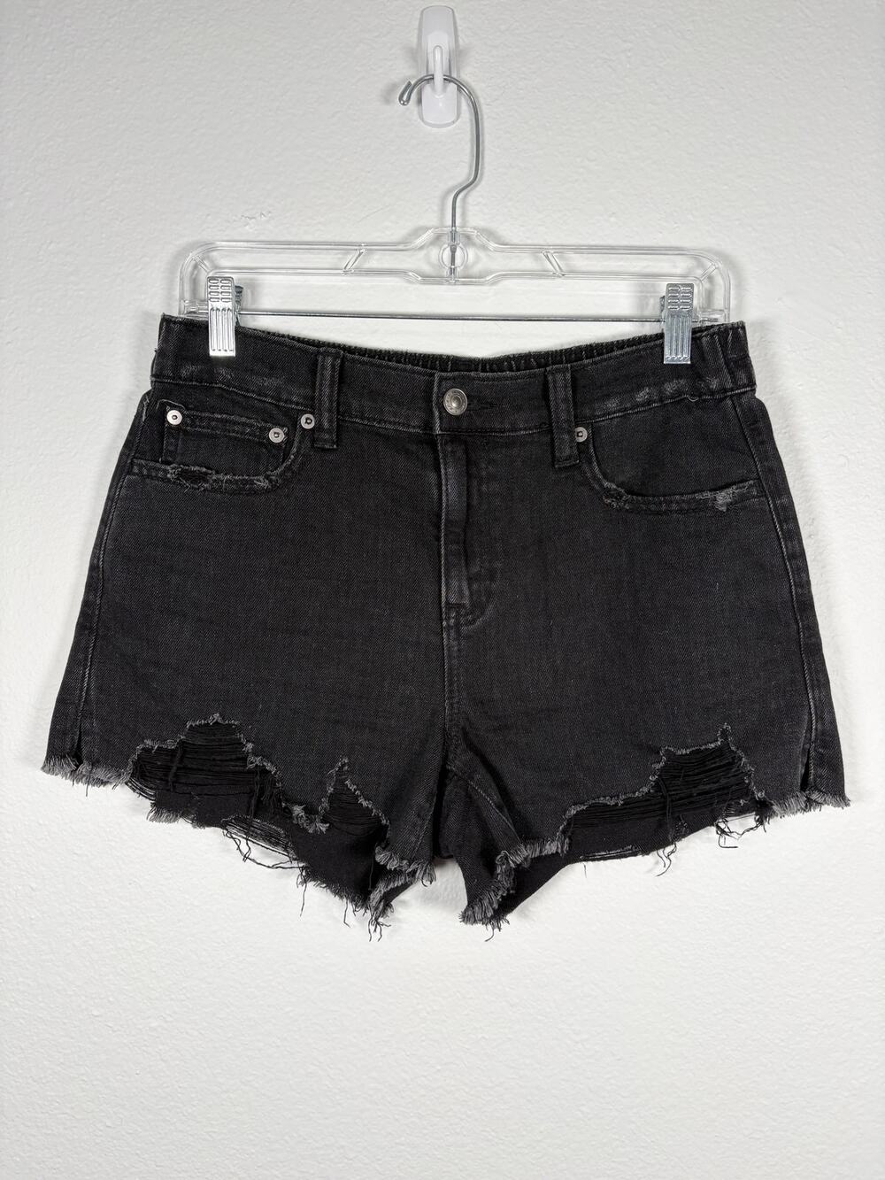 Women's Aerie Black Distressed Mid Rise Elastic Waist Daydream Denim Shorts